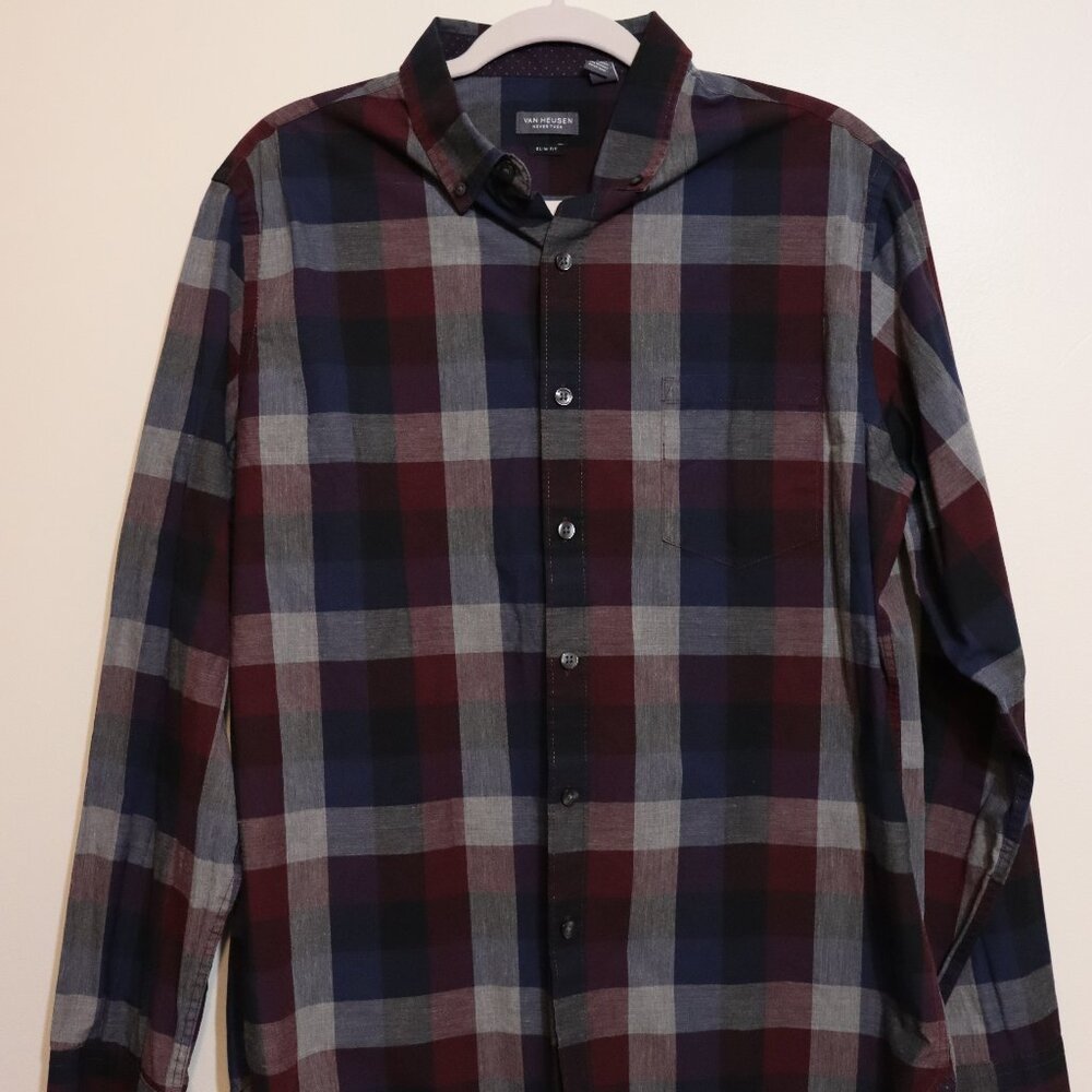 Van Heusen Never Tuck Slim Fit Plaid Button Down Shirt Red Blue Size L